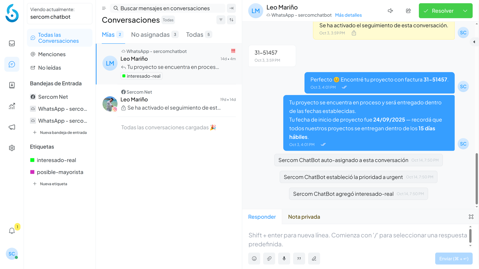 Dashboard de conversaciones de Sercom Chatbot